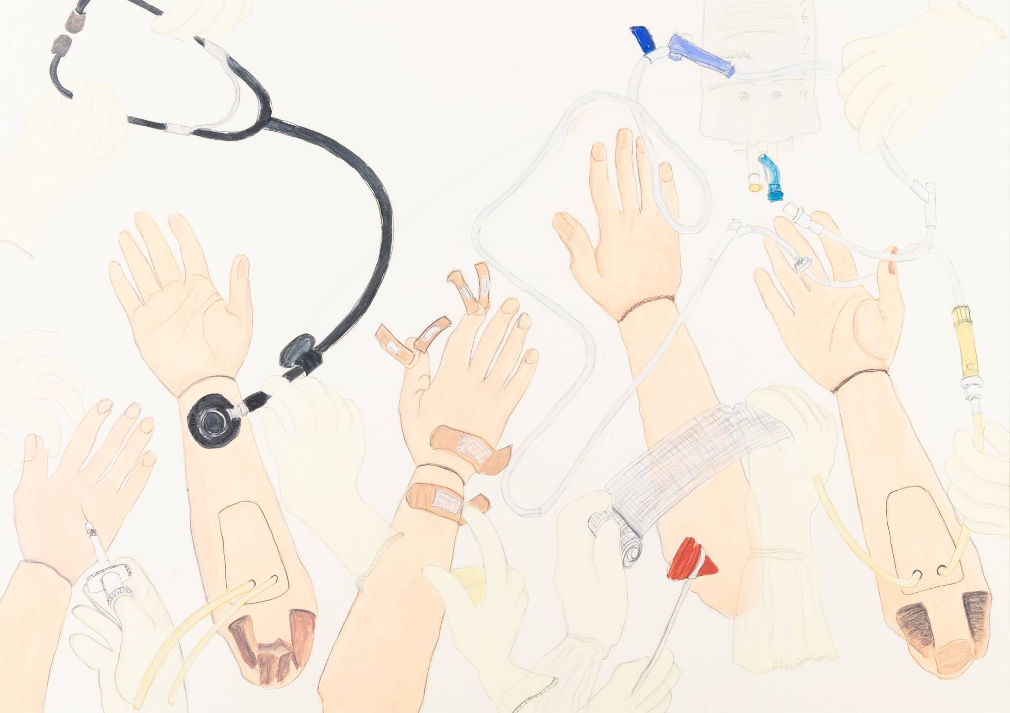Color drawing of fake arm, ahnds in gloves and other medical devices and tools.